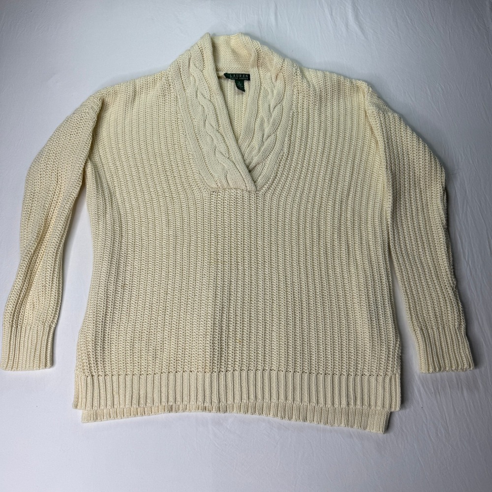 Lauren‎ Ralph Lauren Cable Knit Sweater Women's Small Cream Ivory V-Neck Cotton